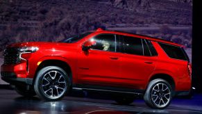 The new 2021 Chevrolet Tahoe is driven on stage at its reveal by General Motors at Little Caesars Arena