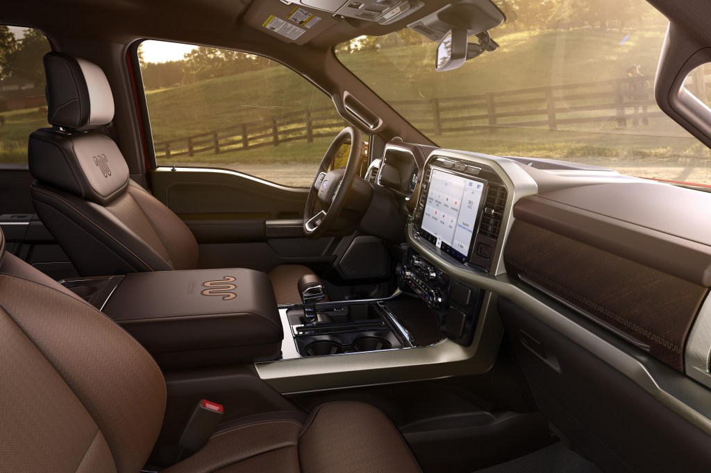 The interior of the 2021 Ford F-150 Limited, showing brown leather upholstery
