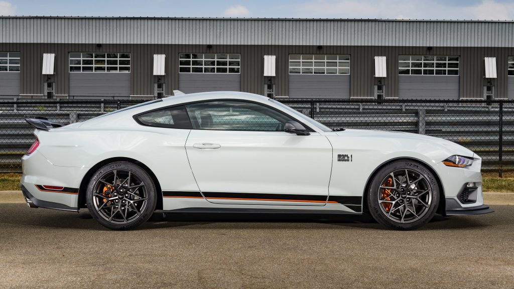 Side view of white 2021 Mustang Mach I