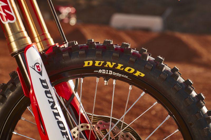 a fresh dunlop dirt bike tire on the Honda Racing Corporation CRF450R