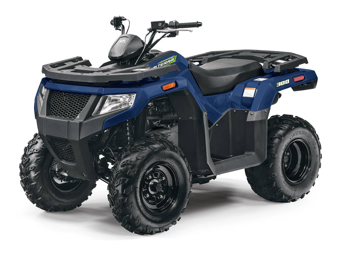 The Arctic Cat Alterra 300 in blue posing for a press photo against a white backdrop
