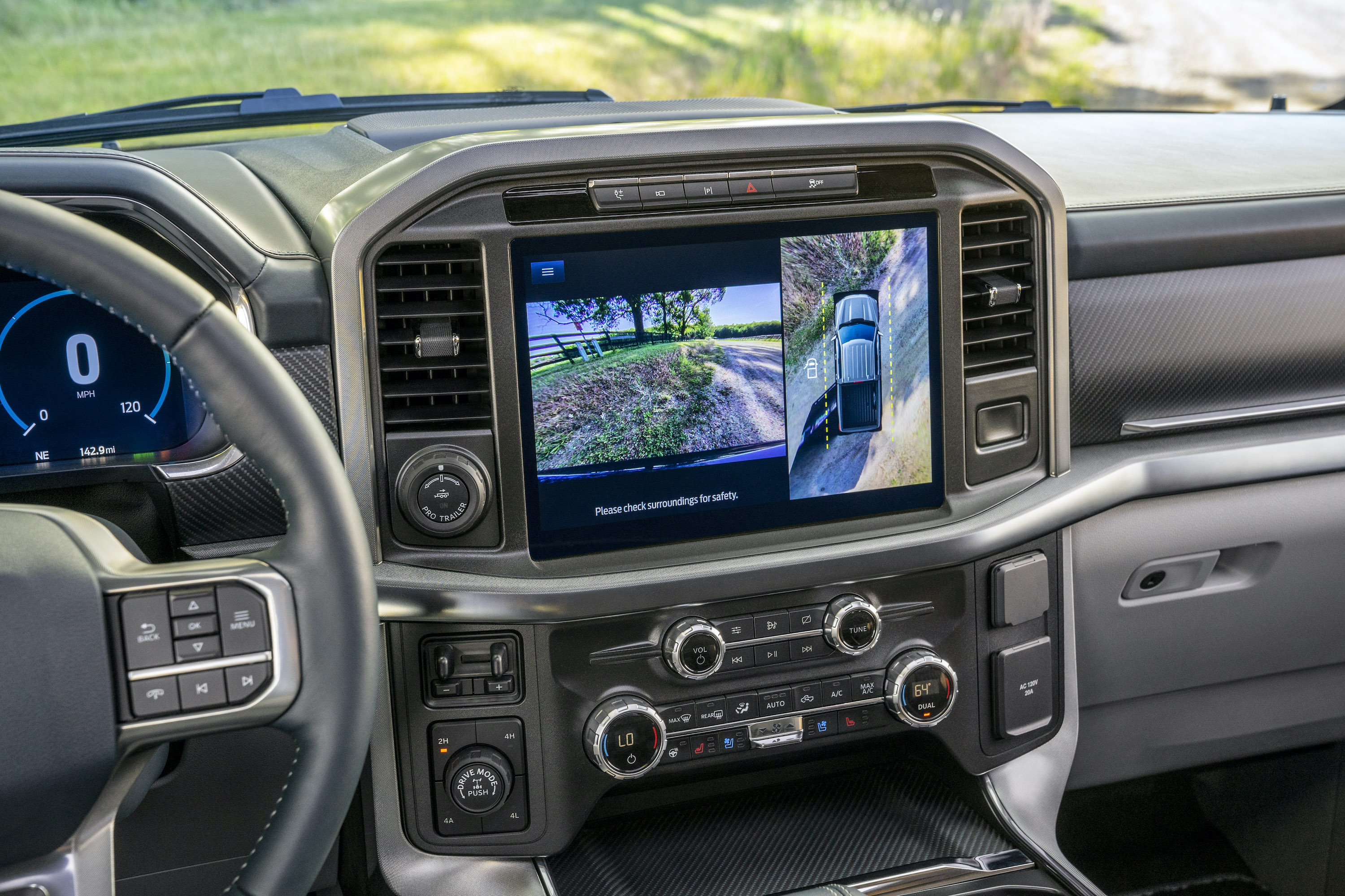 Available 12-inch center screen utilizes ﬁve high-resolution cameras to provide multiple views including a 360-degree overhead view to make maneuvering in tight spaces easy.
