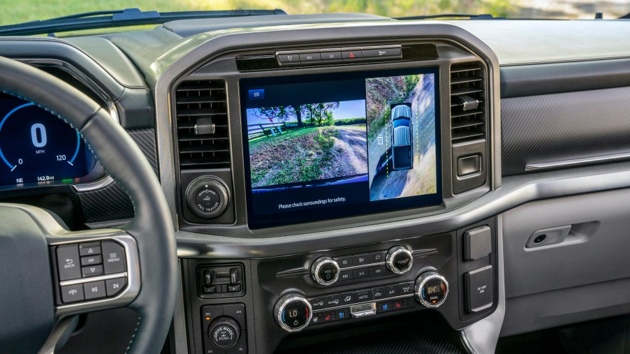 Available 12-inch center screen utilizes ﬁve high-resolution cameras to provide multiple views including a 360-degree overhead view to make maneuvering in tight spaces easy.
