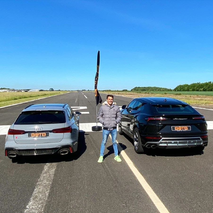Gray Audi RS6 Avant vs black Lamborghini Urus in a drag race on an airfield