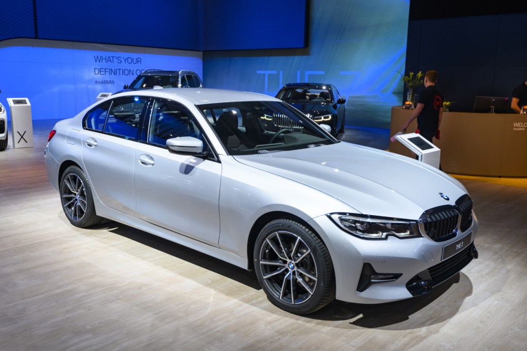 A new BMW 3 Series on display at an auto show