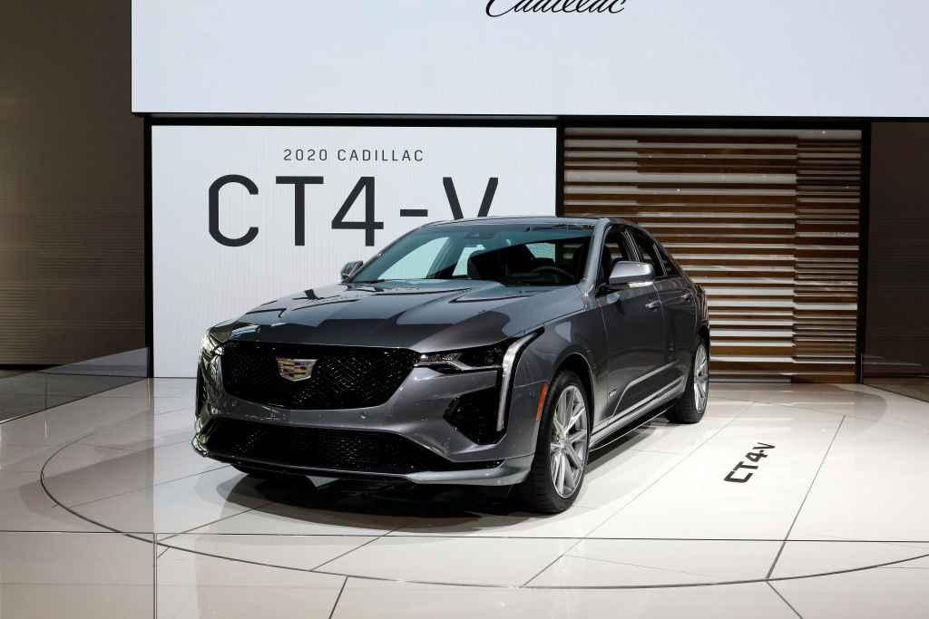 A new Cadillac CT4-V on display at an auto show