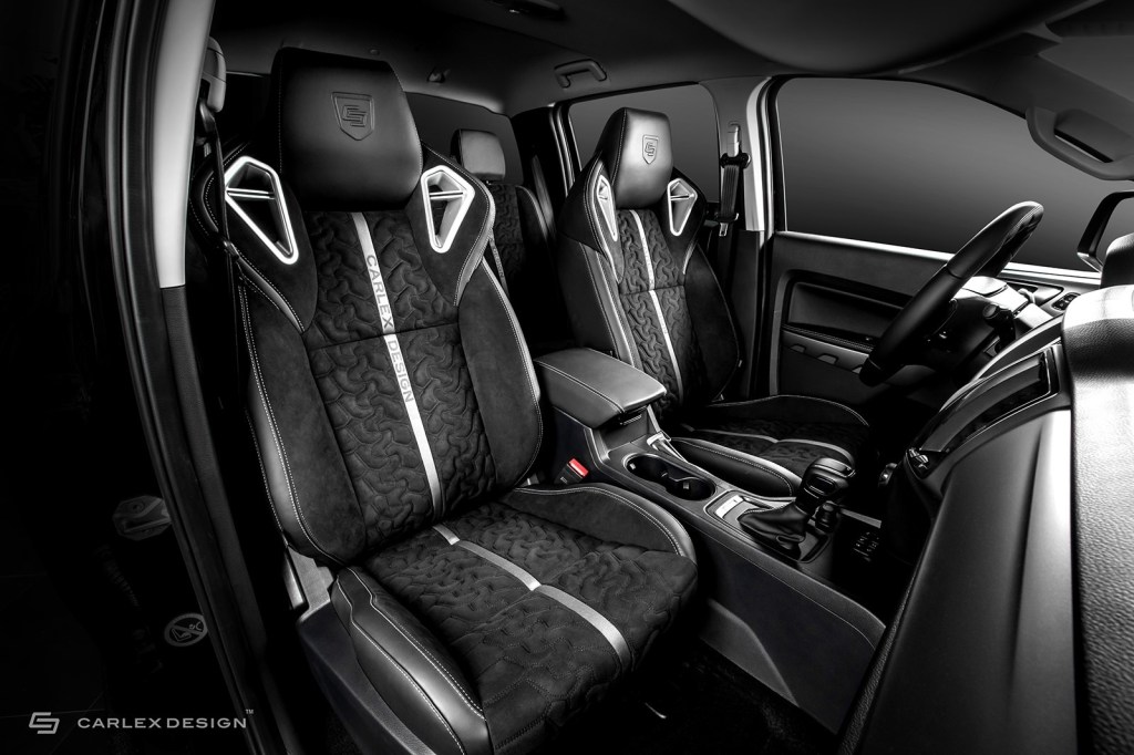 Interior of the Carlex Design Ford Ranger, showing patterned black leather upholstery and silver seat stripe