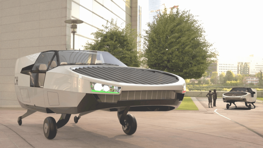 Cityhawk flying car in front of building