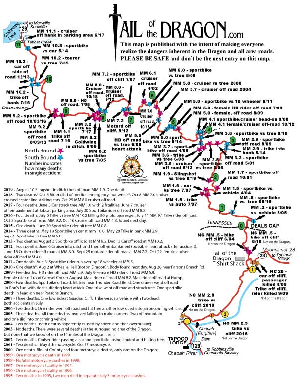 a map outlining all the deaths on the tail of the dragon