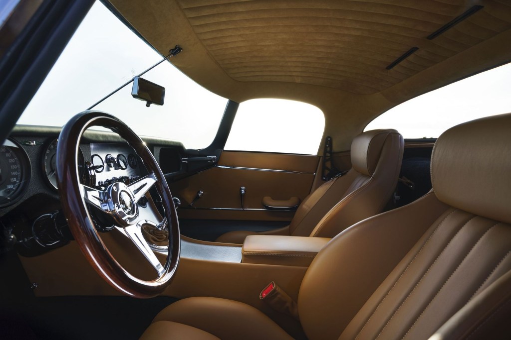 The tan-leather-upholstered interior of the Eagle Lightweight GT coupe