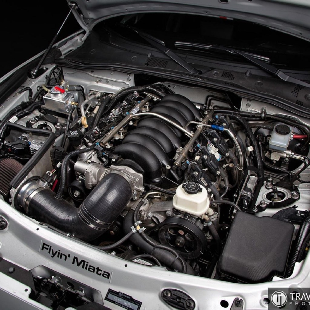The engine bay of an ND Mazda Miata that's received a Flyin' Miata V8 engine swap