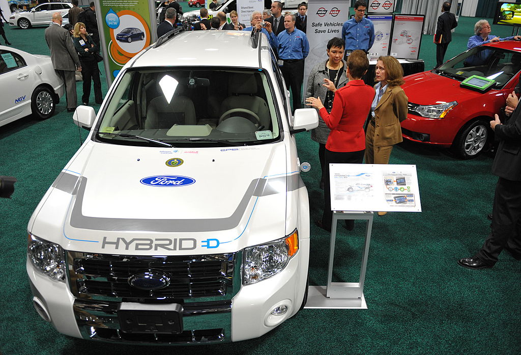 A Ford Escape Plug-In Hybrid on display at an auto show