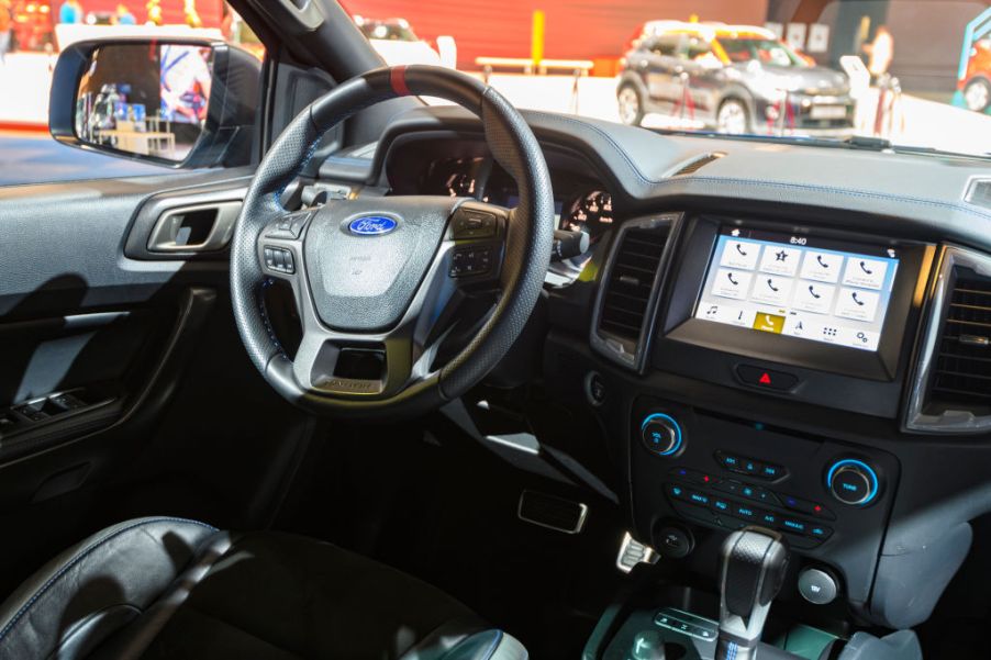 A Ford F-150 Raptor's interior on display