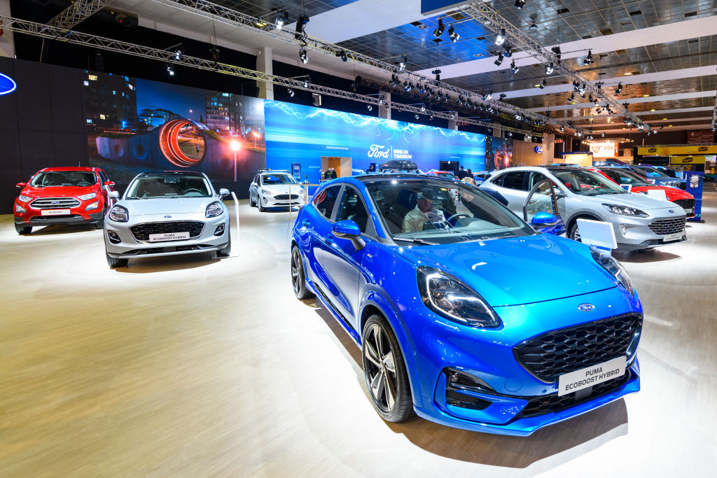 Blue Ford Puma on display at auto show 