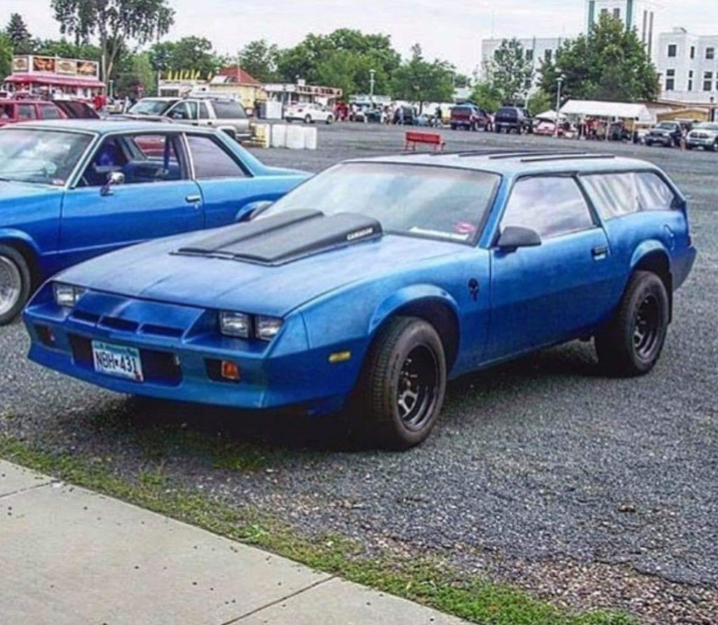 blue 1982 Camaro converted into a station wagon