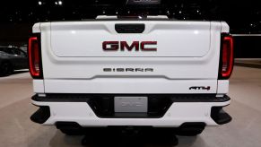 The back of a 2020 GMC Sierra AT4 on display at an auto show