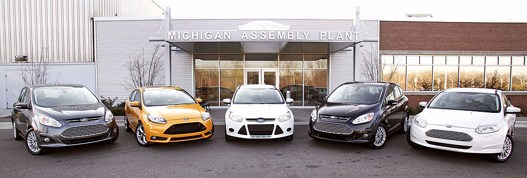 DETROIT, MI, - NOVEMBER 8: Ford electric, hybrid and plug-in hybrid vehicles are displayed at the Michigan Assembly Plant November 8, 2012 in Wayne, Michigan. The plant is the only one in the world that builds vehicles with five different fuel efficient powertrains on the same line. Ford held an event today at the plant that celebrated the launch of the C-MAX Energi plug-in hybrid.