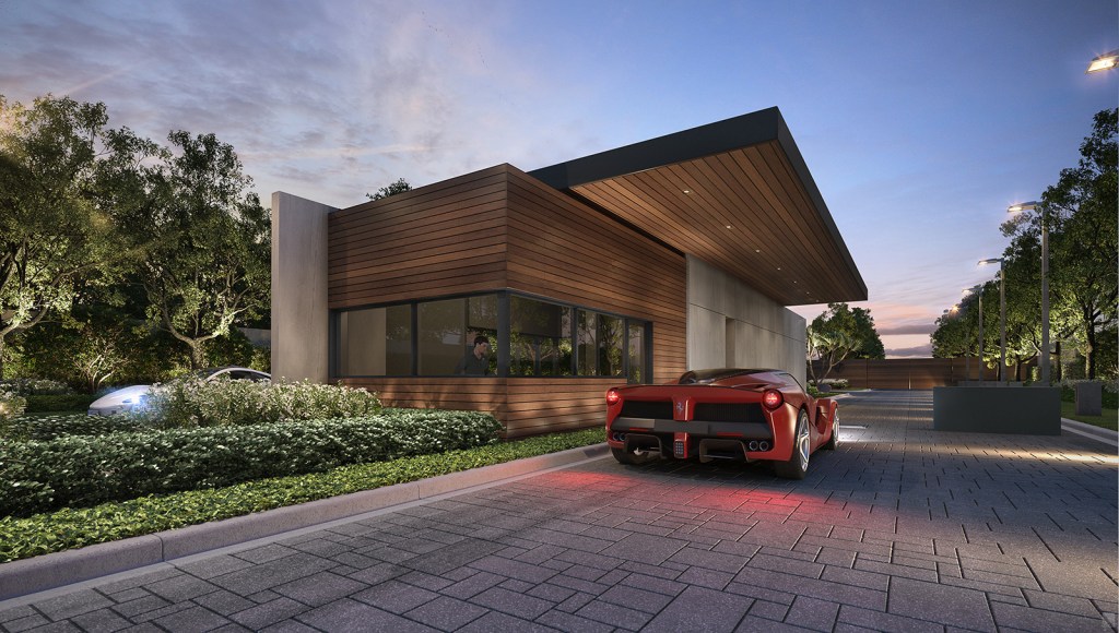 A red Ferrari has pulled up to a guard house at the Concourse Club.