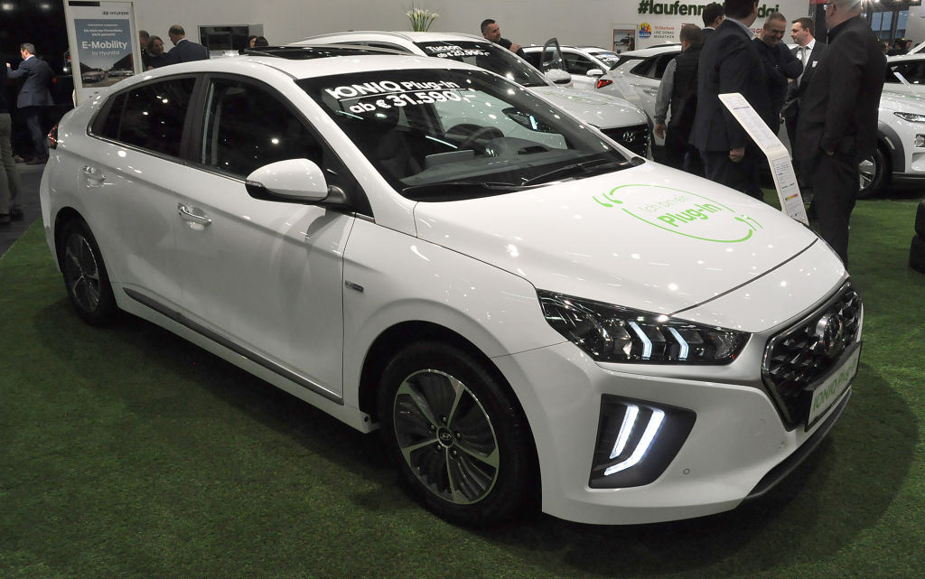 A Hyundai Ioniq Plug-In is seen during the Vienna Car Show press preview at Messe Wien, as part of Vienna Holiday Fair