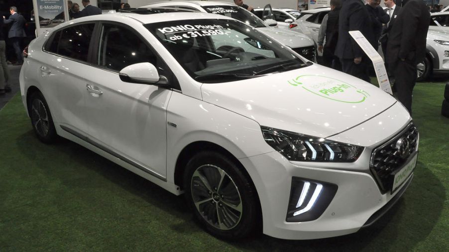 A Hyundai Ioniq Plug-In is seen during the Vienna Car Show press preview at Messe Wien, as part of Vienna Holiday Fair