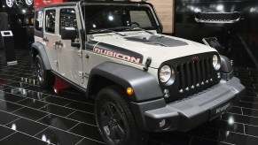 A Jeep Wrangler Rubicon is displayed during the Vienna Autoshow