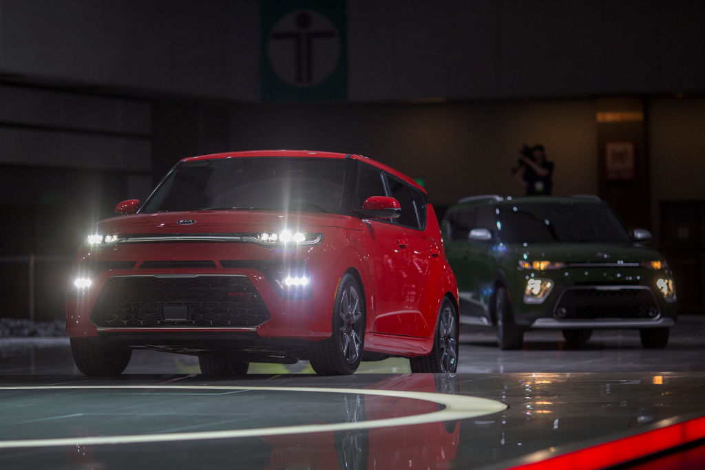 The Kia Soul GT Line (L) and X Line are shown during the auto trade show, AutoMobility LA