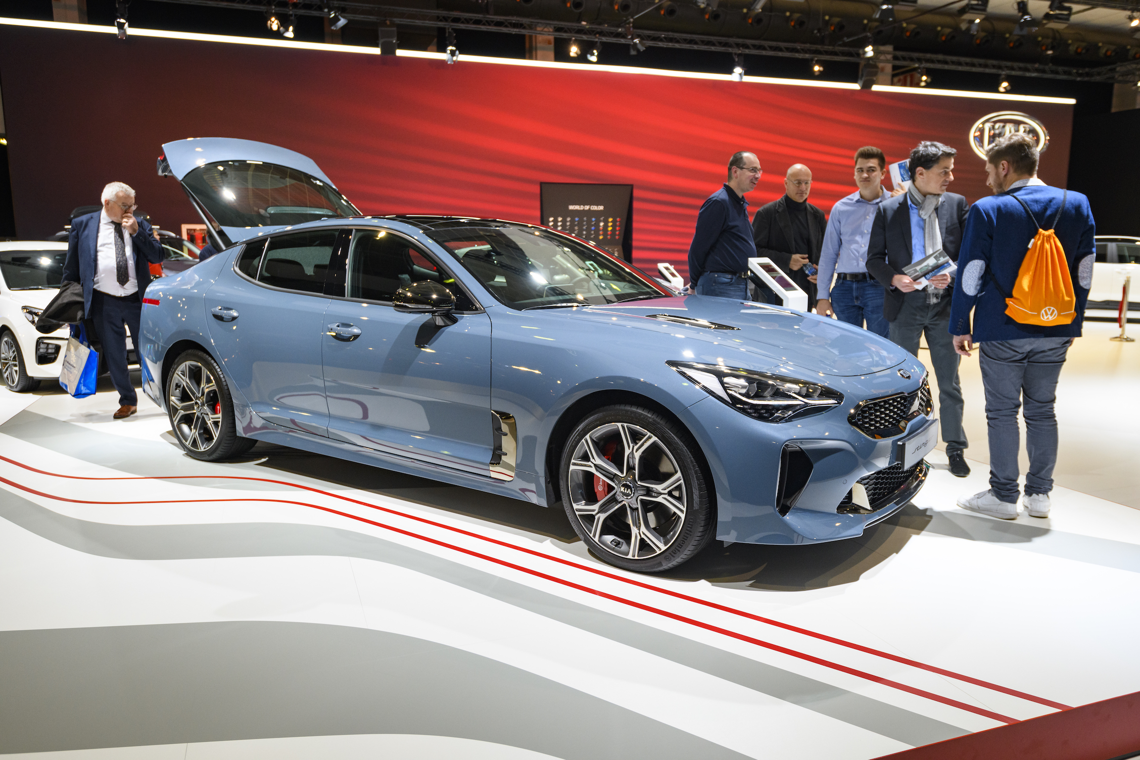 Kia Stinger compact executive 4-door fastback on display at Brussels Expo