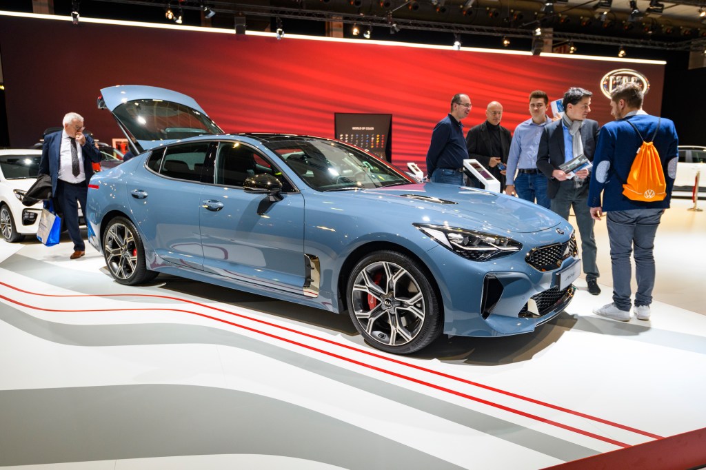 Kia Stinger compact executive 4-door fastback on display at Brussels Expo