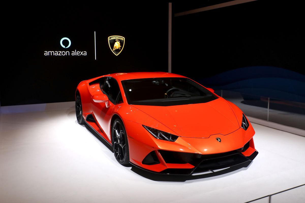 A red Lambo sits on display at an electronics show