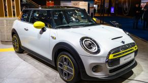 MINI Electric or Mini Cooper SE compact all electric retro design car on display at Brussels Expo