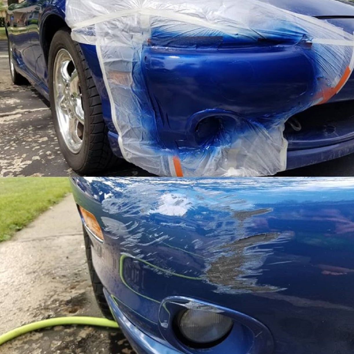 Blue 1999 Mazda Miata shown before and after the car paint and scratched bumper were repaired