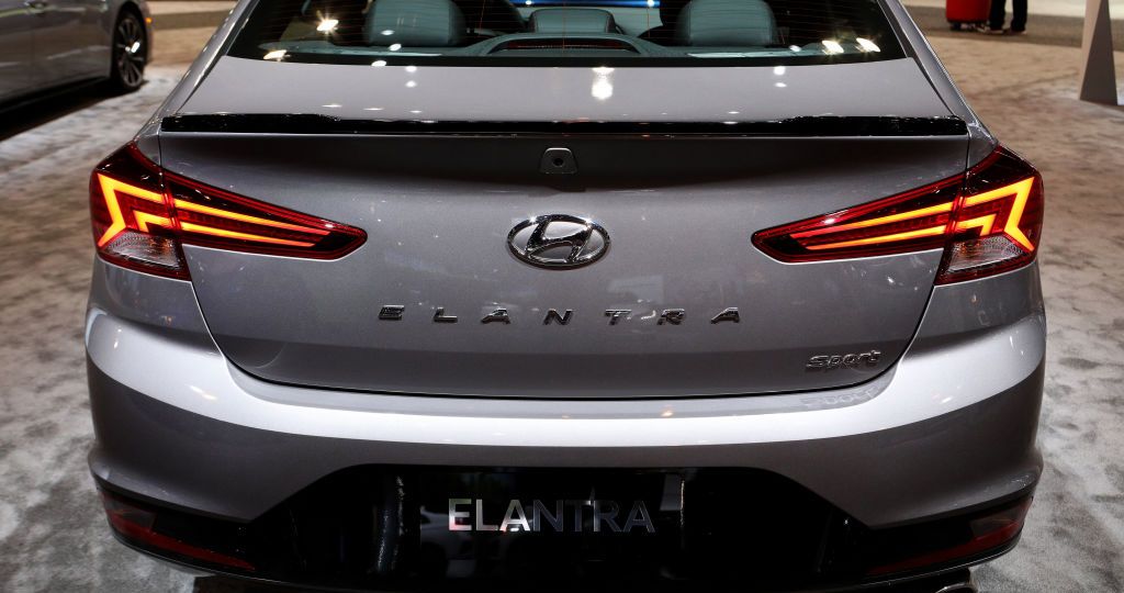 A 2020 Hyundai Elantra on display at an auto show