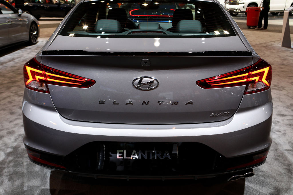 A 2020 Hyundai Elantra on display at an auto show