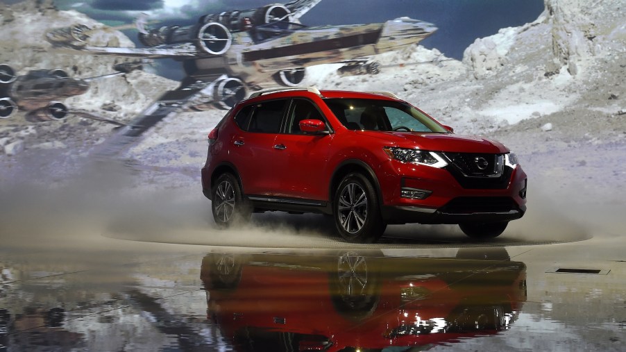 A 2017 Nissan Rogue is displayed during media preview days ahead of the public opening of the Los Angeles Auto Show