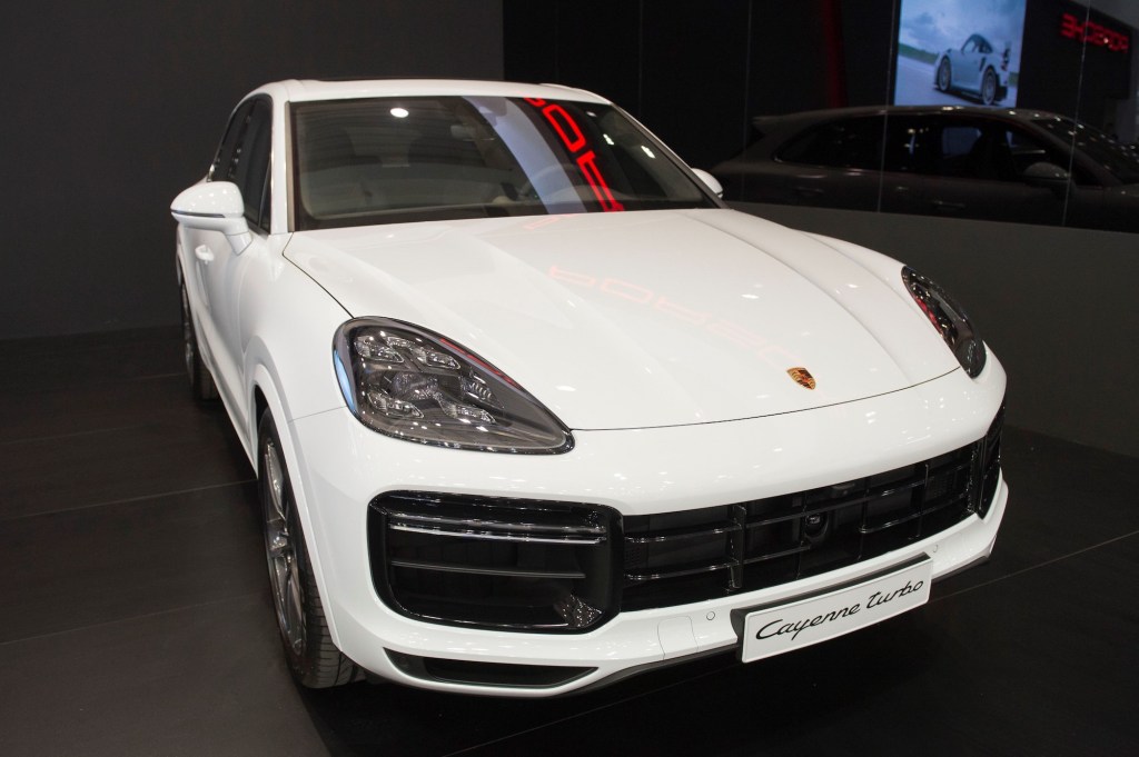 A Porsche Cayenne Turbo is displayed during the Poznan Motor Show at the International Poznan Trades Center