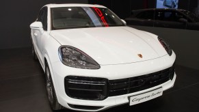 A Porsche Cayenne Turbo is displayed during the Poznan Motor Show at the International Poznan Trades Center