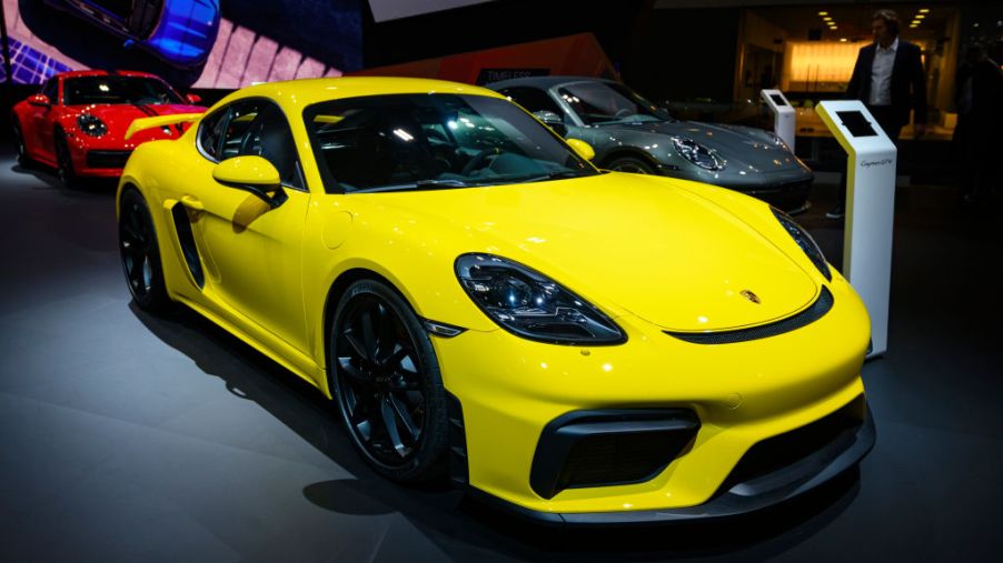 Porsche 718 Cayman GT4 sports car on display at Brussels Expo