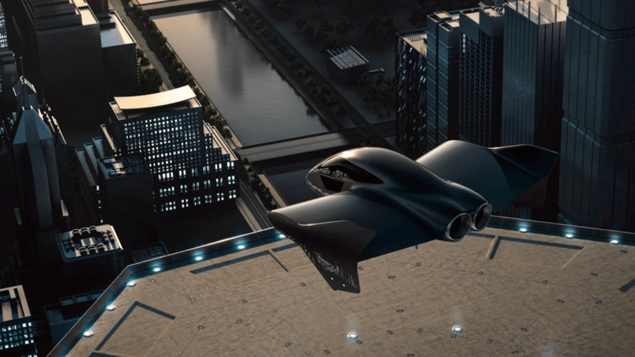 flying car over city looks current but also futuristic