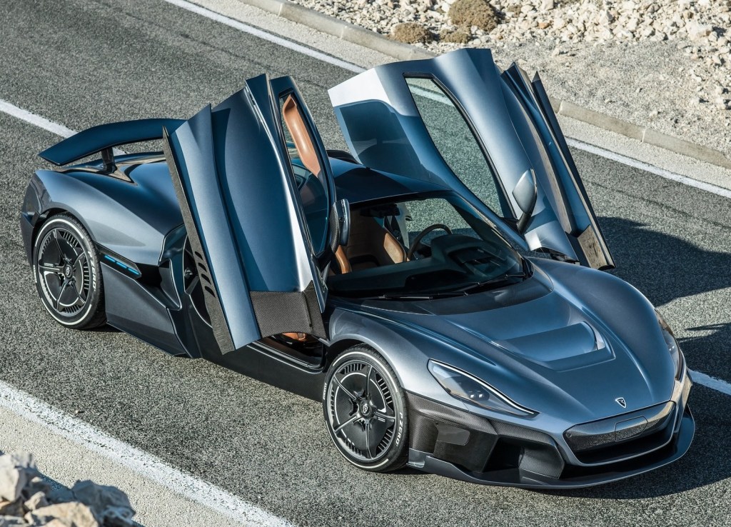Silver Rimac C_two with butterfly doors open