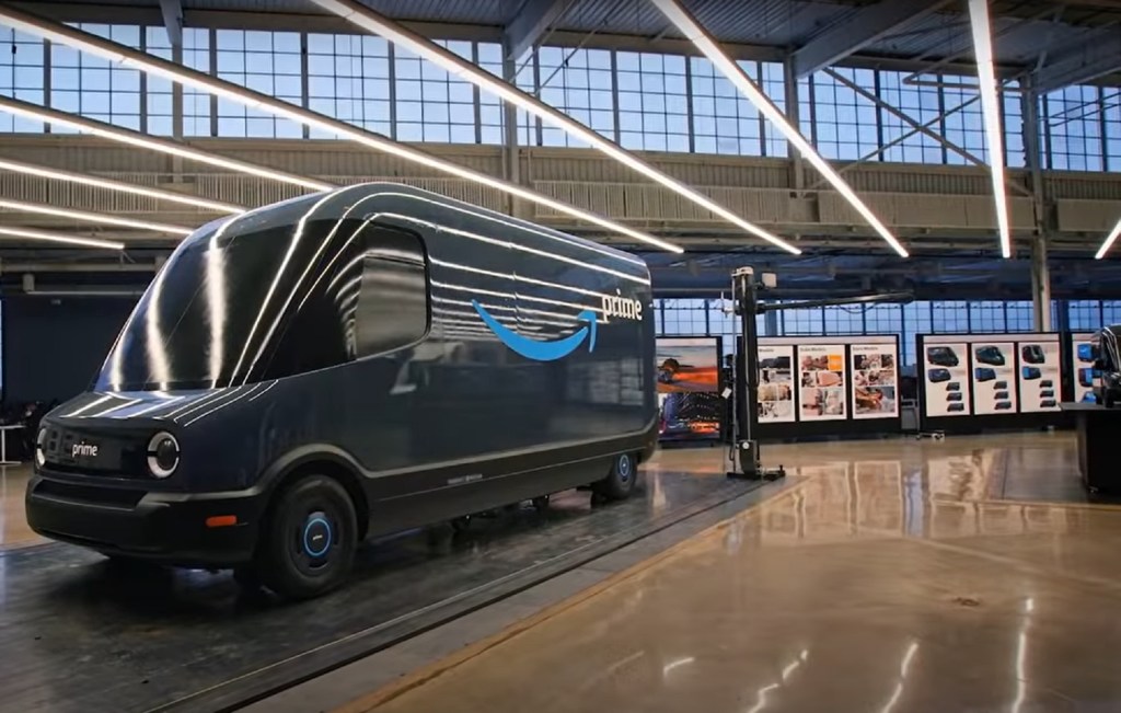Blue Rivian electric van styling prototype for Amazon in the studio