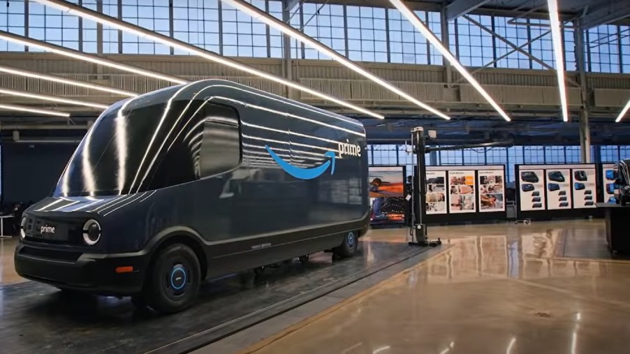 Blue Rivian electric van styling prototype for Amazon in the studio