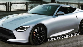 Speculative 2022 Nissan 400Z rendering |showing a front 3/4 view of a modern version of the original 1970 design