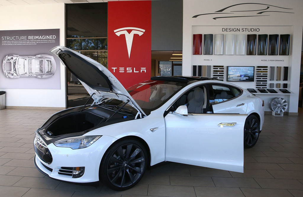 A Tesla Model S on display in a showroom