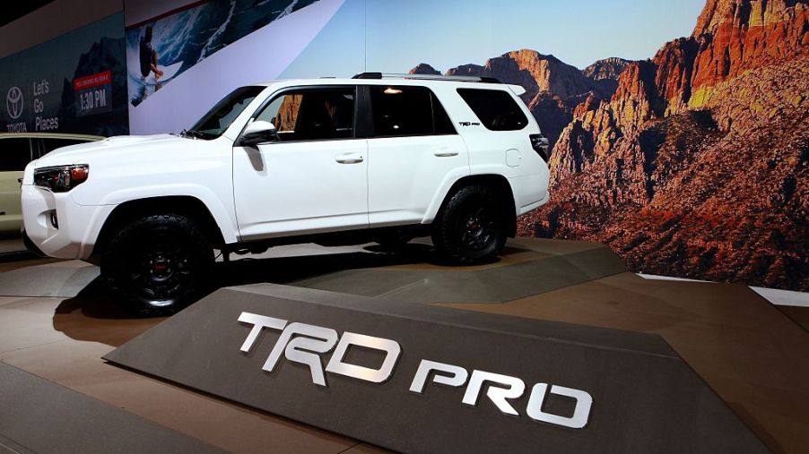 A white Toyota 4Runner TRD Pro on display at an auto show