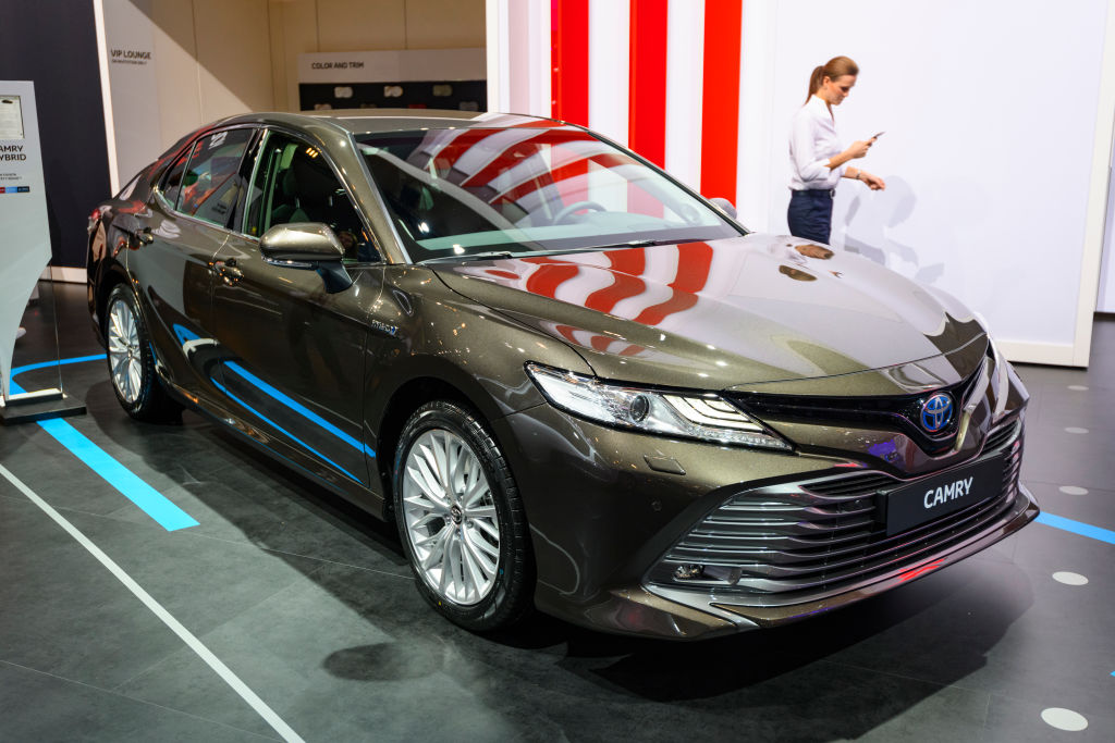 Toyota Camry hybrid sedan car on display at Brussels Expo