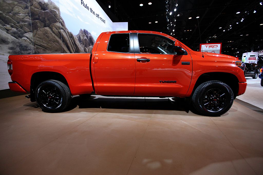 A Toyota Tundra TRD on display at an auto show