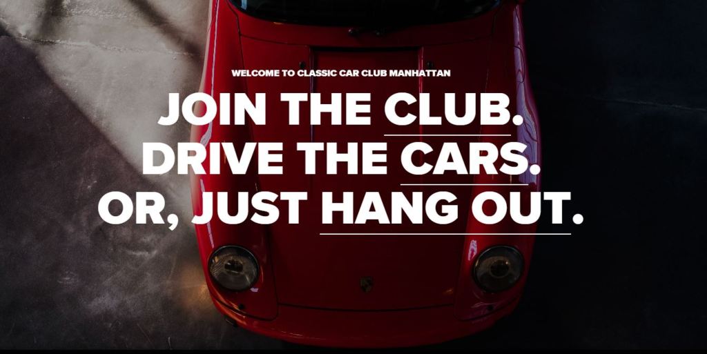 The Welcome website page for the Classic Car Club shows a red Porsche from overhead