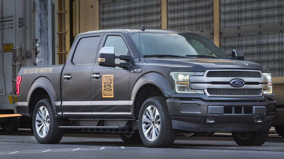 Ford F150 prototype EV in front of train