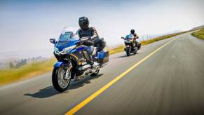 a pair of riders mounted on 2020 Honda Gold Wing touring bikes