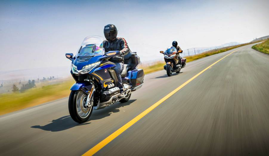 a pair of riders mounted on 2020 Honda Gold Wing touring bikes